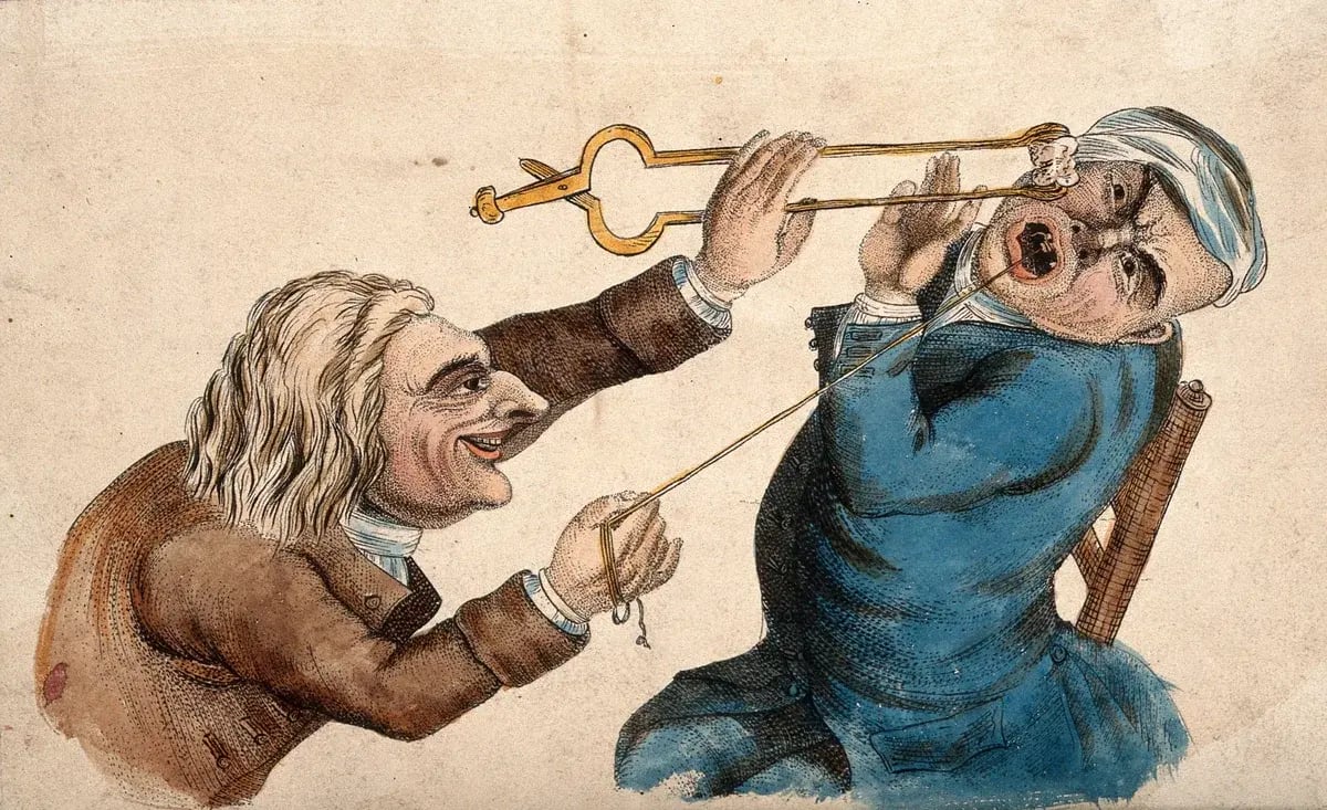 A_sadistic_tooth-drawer_frightening_his_patient_with_a_hot_c_Wellcome_V0012044-edit
